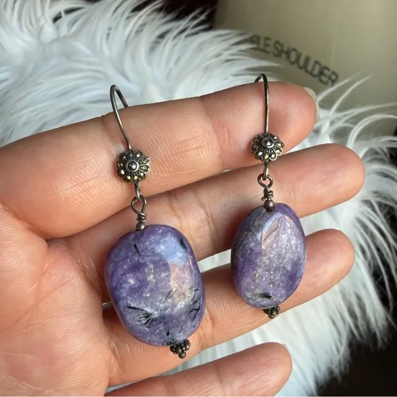 Handmade Chariote Purple Gemstone Sterling Silver Boho Dangle Earrings - Picture 12 of 17